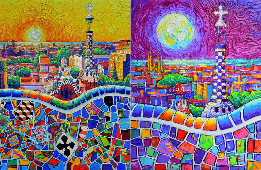 BARCELONA VIEW FROM PARK GUELL AT SUNRISE AND BY MOON diptych knife oil paintings Ana Maria Edulescu Painting by Ana Maria Edulescu