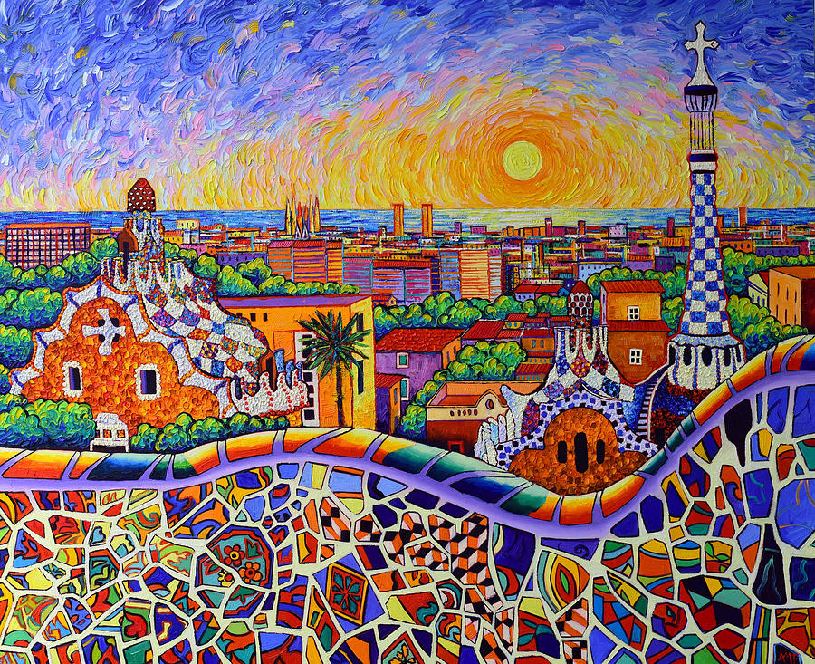Barcelona Painting - BARCELONA VIEW FROM PARK GUELL AT SUNRISE commission painting 2 of tryptich  Ana Maria Edulescu by Ana Maria Edulescu