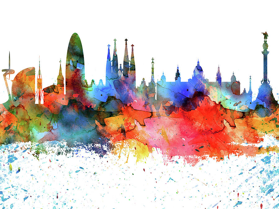 Barcelona Watercolor Skyline Digital Art by Chara - Fine Art America