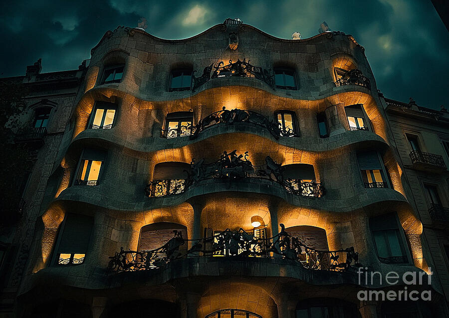 Barcelonas Casa Mila With Its Undulating Barely Visible In The Darkness Night Light Painting