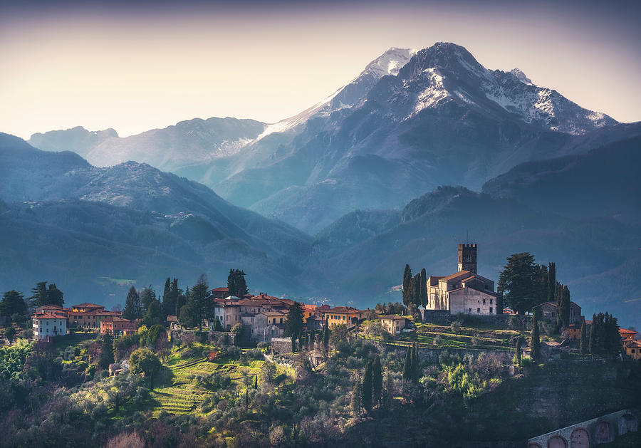 Barga town and Alpi Apuane mountains on background. Tuscany Photograph by Stefano Orazzini