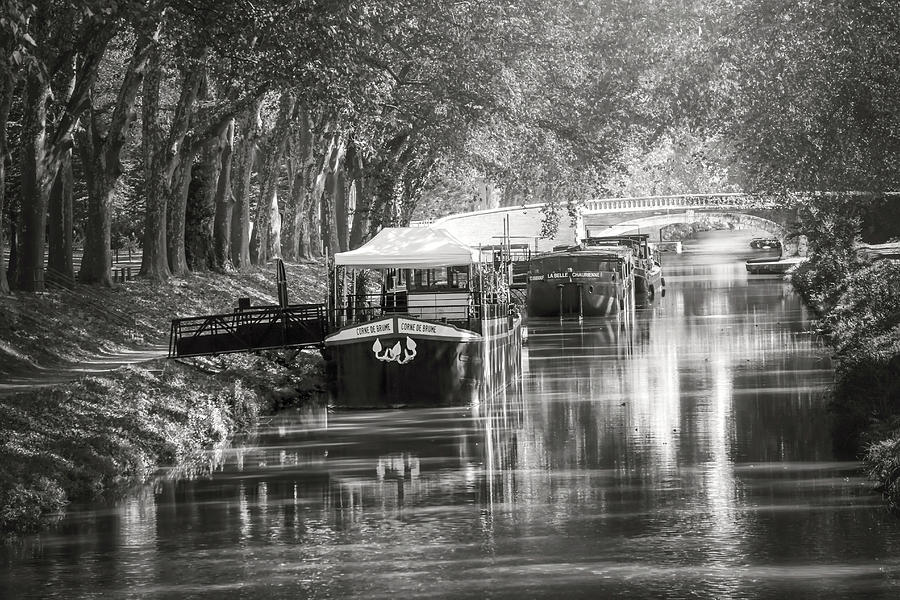 Barges on Canal de Brienne Toulouse France Black and White  Photograph by Carol Japp