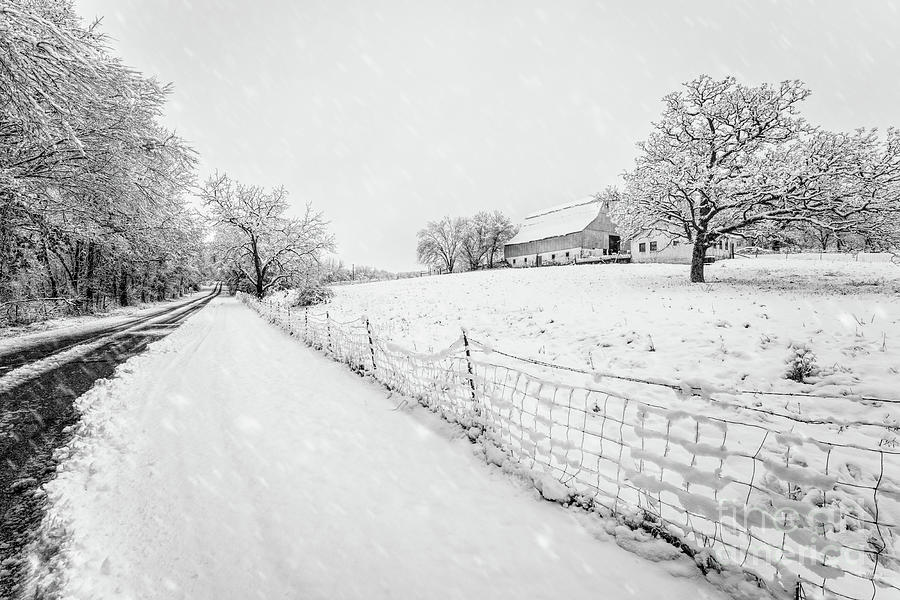 Barn And Country Road Winter Snow Grayscale Photograph by Jennifer White