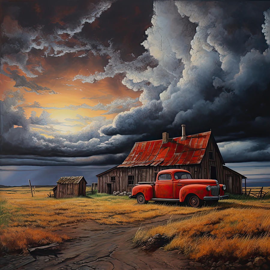 Barn and Red Truck Art Painting by Lourry Legarde Barn and Red Truck Art Painting by Lourry Legarde