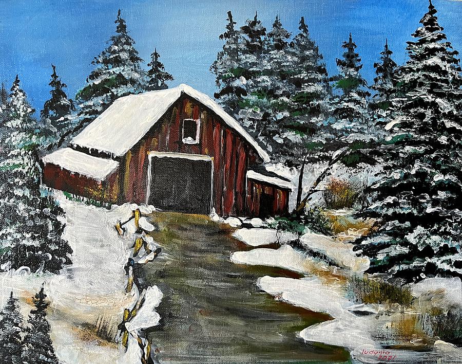 Barn And Snow Painting by Ryszard Ludynia