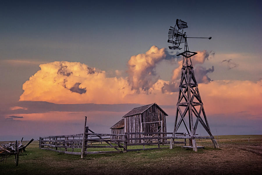 Barn and Windmill with Red Cloudy Sky Photograph by Randall Nyhof