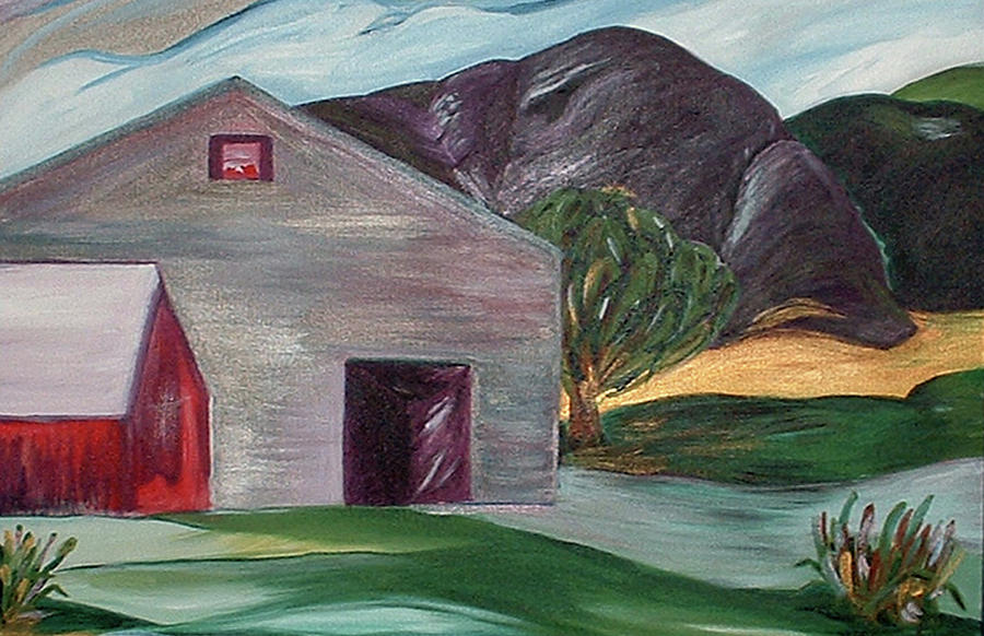 Grey Barn and Red House Painting by Genevieve Holland