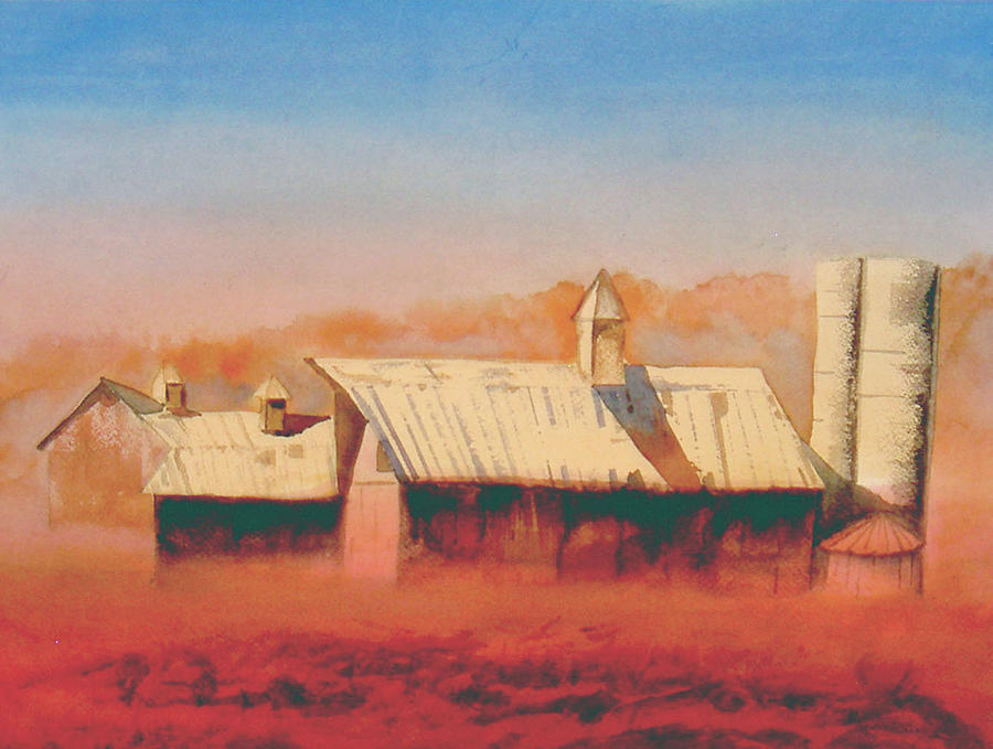 Barn in Morning Mist Painting by Martha Lancaster