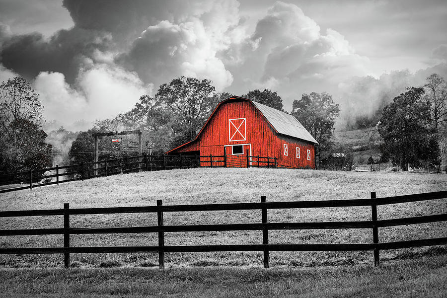 Barn in the Mist Black and White and Red II Photograph by Debra and Dave Vanderlaan
