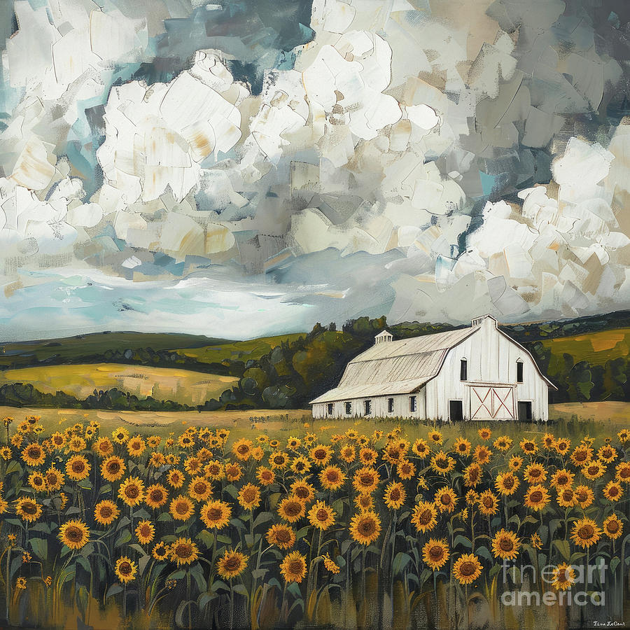 Barn In The Sunflowers Painting by Tina LeCour