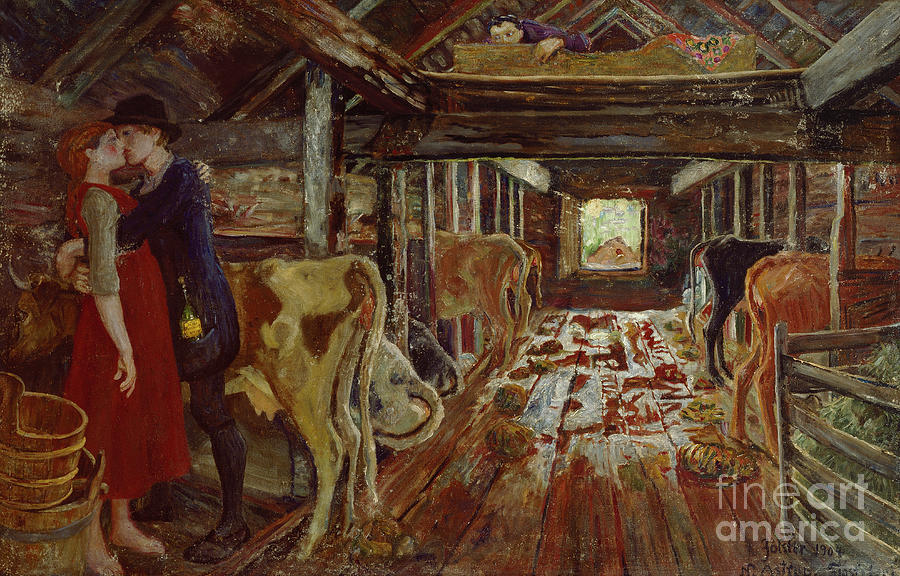 Barn proposal, 1904 Painting by O Vaering by Nikolai Astrup