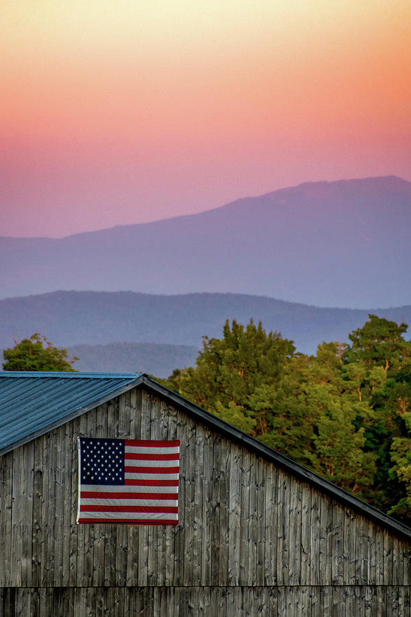 Barn with Flag at Sunset Photograph by Sally Cooper