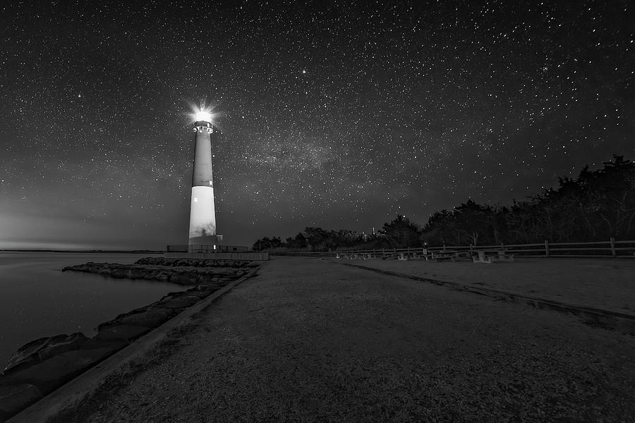 Barnegat Lighthouse Under The Stars BW Photograph by Susan Candelario