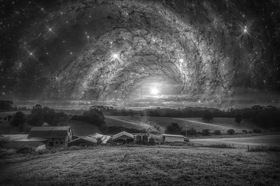 Barns under the Stars in Black and White Photograph by Debra and Dave Vanderlaan