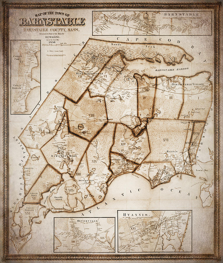 Vintage Photograph - Barnstable Massachusetts Historical Map 1856 Sepia  by Carol Japp