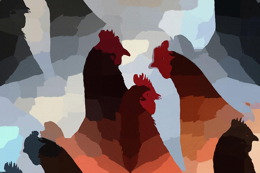 Barnyard Gossip Chicken Abstract Mixed Media by Shelli Fitzpatrick