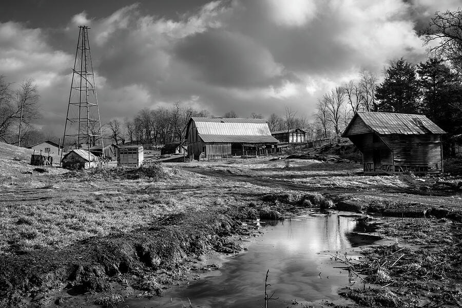 Farm Photograph - Barnyard Reflections BW by Jim Love