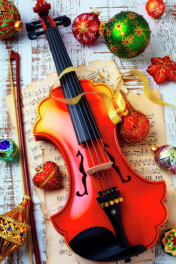 Still Life Photograph - Baroque Violin And Pretty Christmas Ornaments by Garry Gay