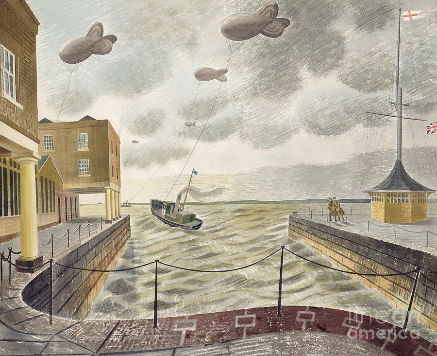 Barrage Balloons Outside a British Port Painting by Eric Ravilious