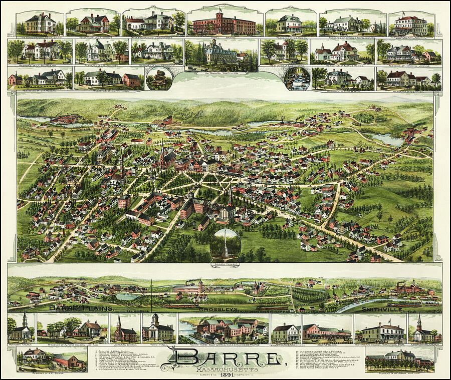 Barre Massachusetts Vintage Map Birds Eye View 1891 Photograph By Carol 