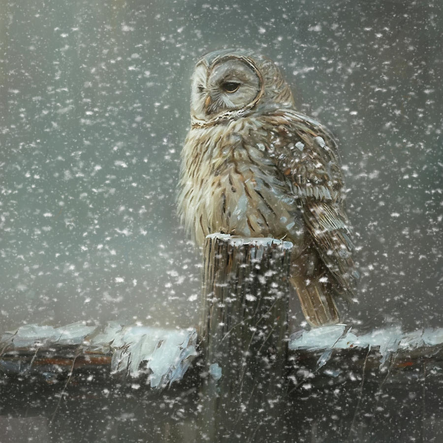 Barred Owl In The Blizzard Painting by Jai Johnson