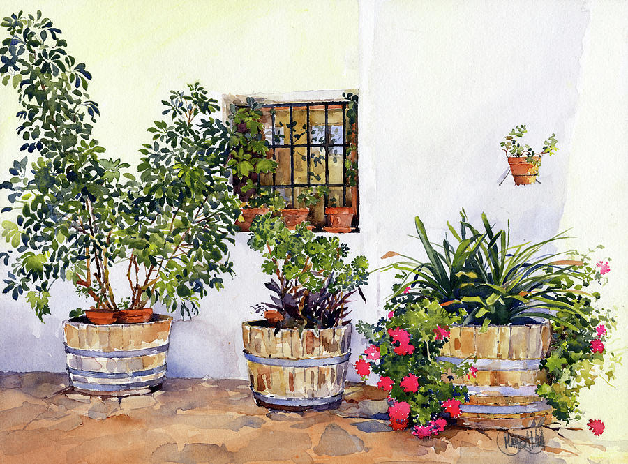 Flower Painting - Barrels and Flowers Cortijo El Cura by Margaret Merry