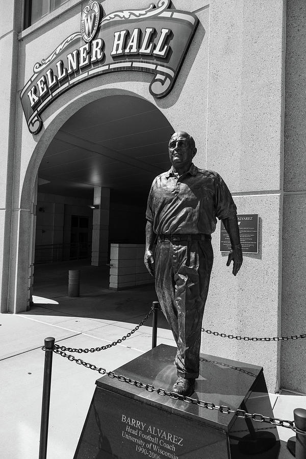 Barry Alvarez statue of the University of Wisconsin campus in black and white Photograph by Eldon McGraw