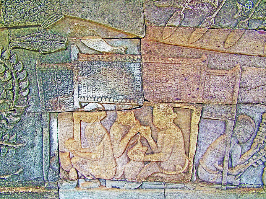 Bas-reliefs of Daily Activity in the Bayon in Angkor Thom in Angkor Wat Archeological Park, Cambodia Photograph by Ruth Hager