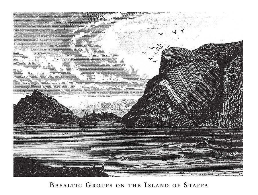 Basaltic Groups on the Island of Staffa, Notable Geological Formations Engraving Antique Illustration, Published 1851 Drawing by Bauhaus1000