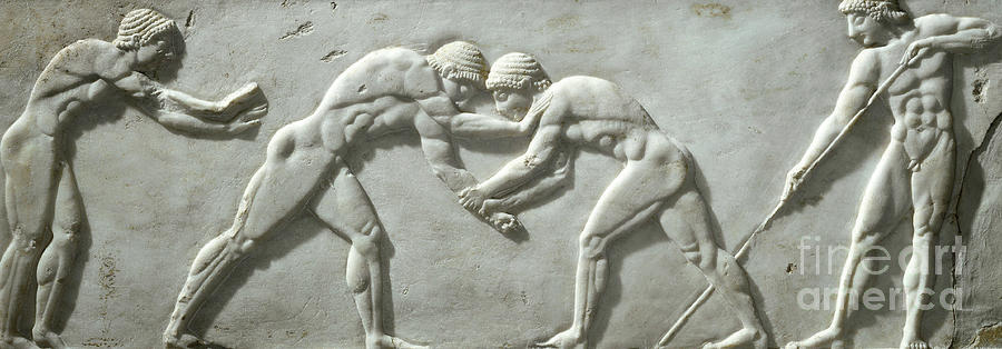 Nude Sculpture - Base of a kouros statue, fighting wrestlers by Greek School