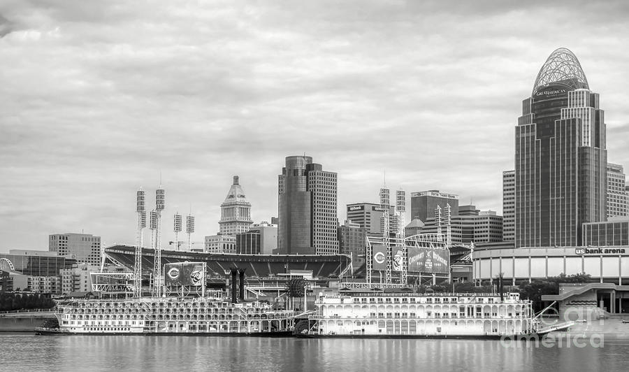 Baseball And Boats In Cincinnati # 2 Black and White Photograph by Mel Steinhauer