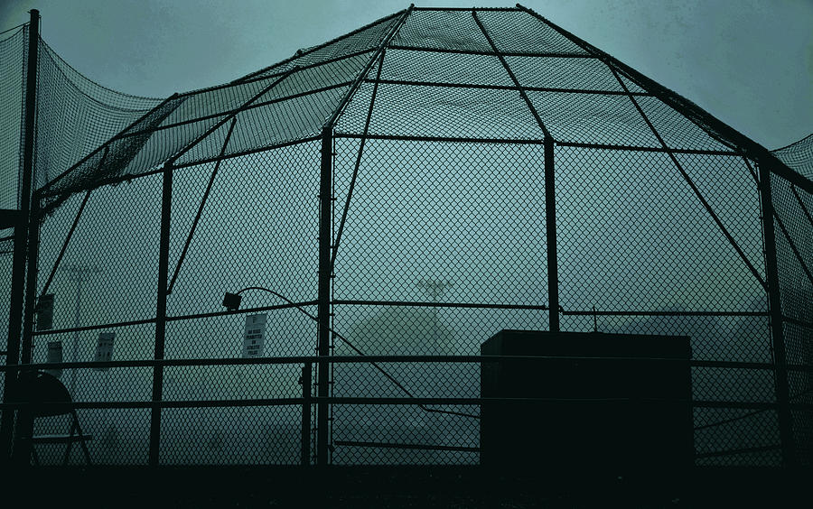 Baseball backstop in fog. October, 2020 Photograph by Bill Jonscher