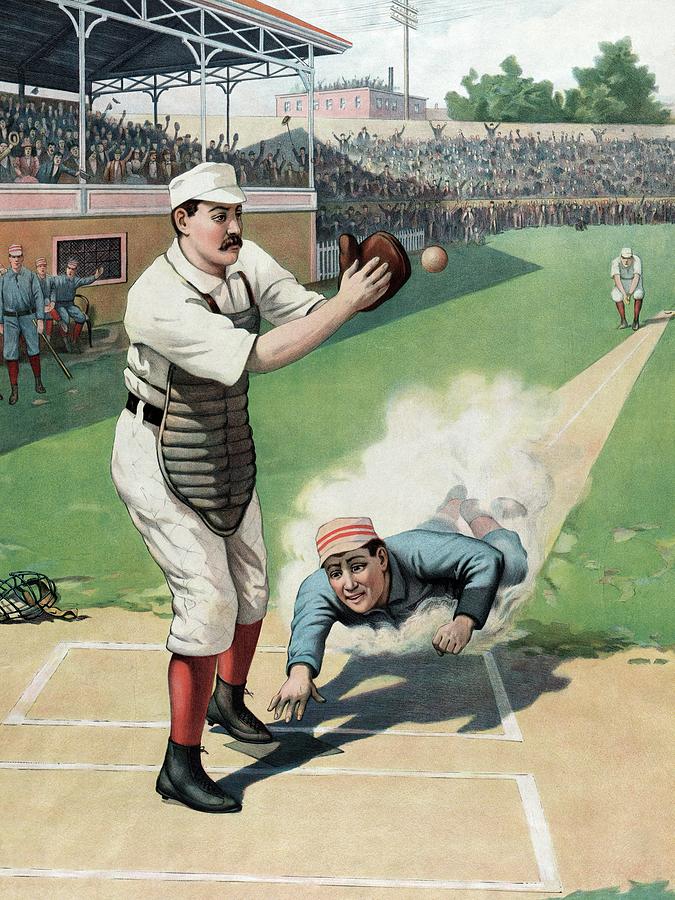 Vintage Drawing - Baseball Play at the Plate by Vintage Sports