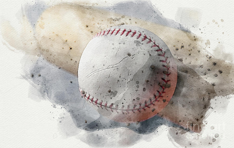 Baseball Striking Bat Watercolor Digital Art