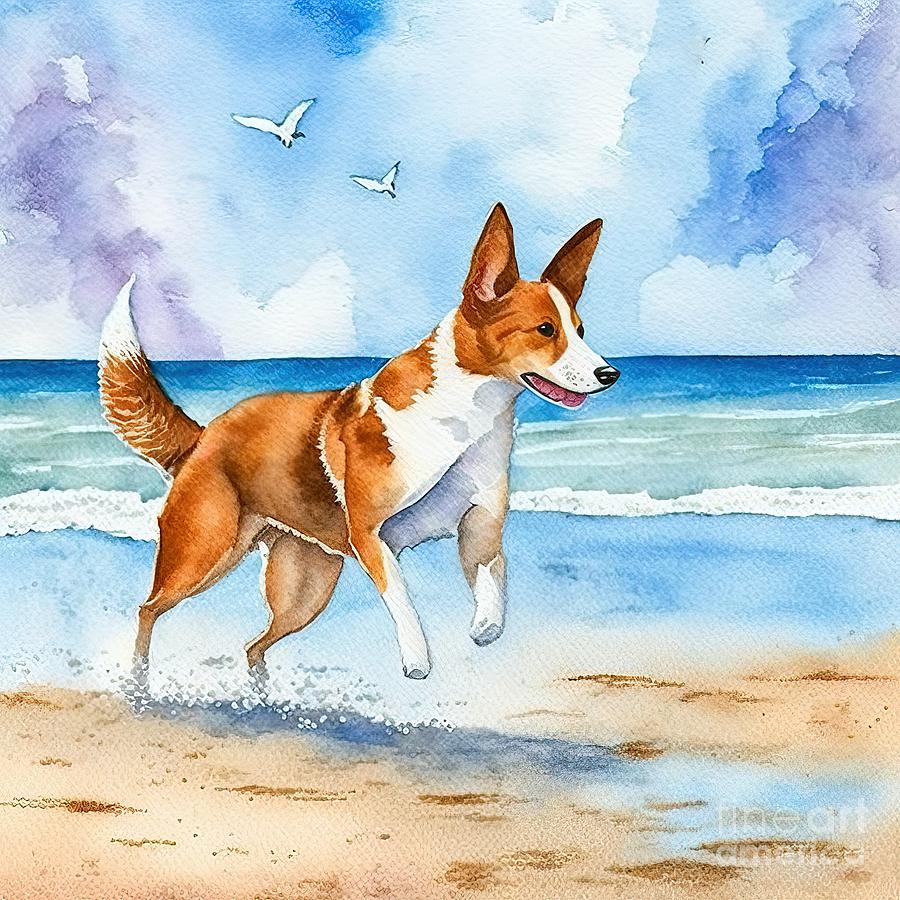 Summer Painting - Basenji dog runningat beach by N Akkash
