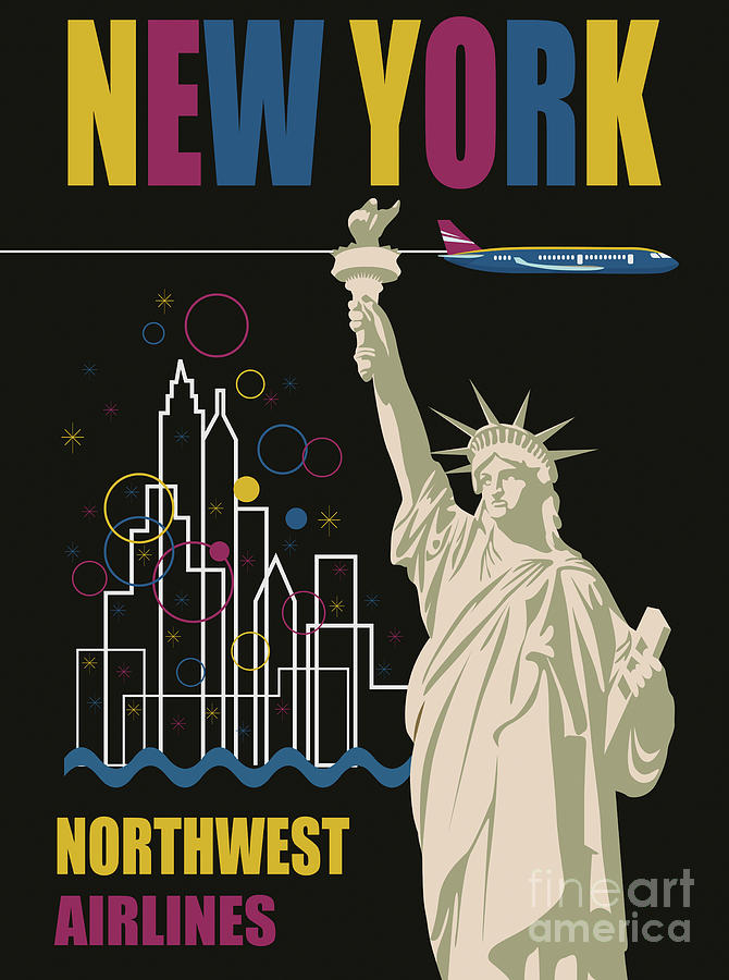 Vintage Mixed Media - Vintage Northwest Airlines New York, USA, Travel Poster by Luminosity