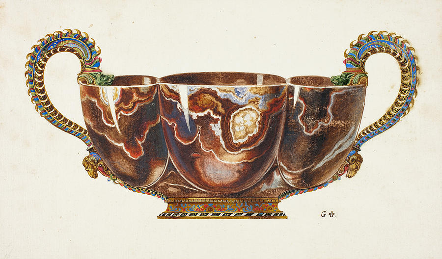 Basin with Enameled Handles, Decorated with Dragon and Ram Heads Drawing by Giuseppe Grisoni