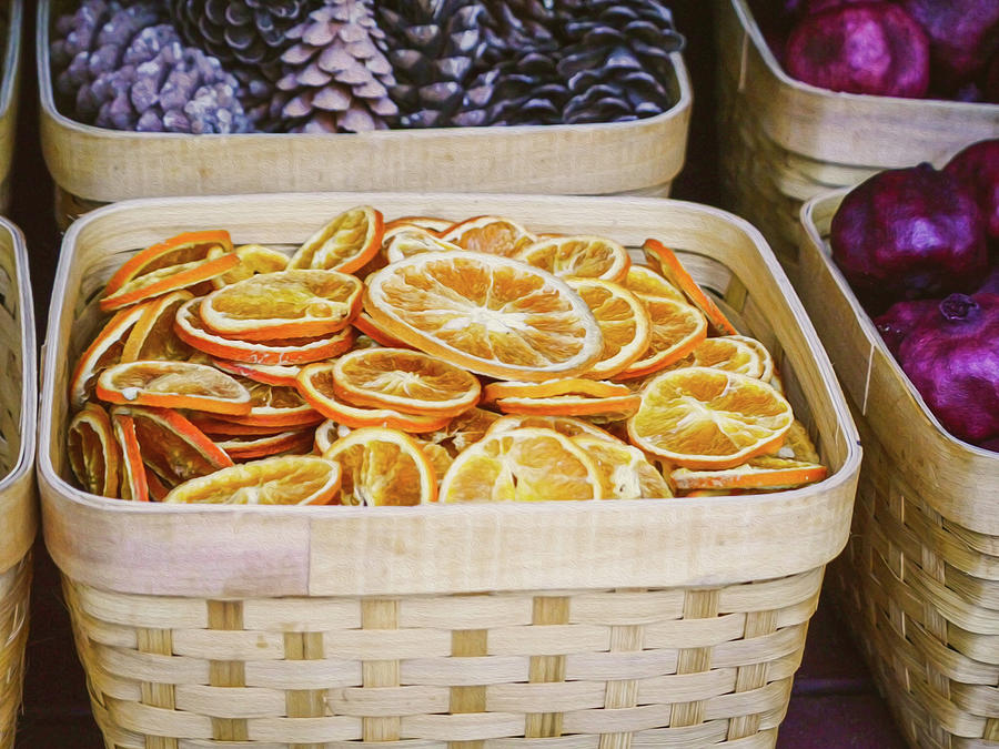 Basket of Dried Orange Slices - Oil Painting Style Photograph by Rachel Morrison