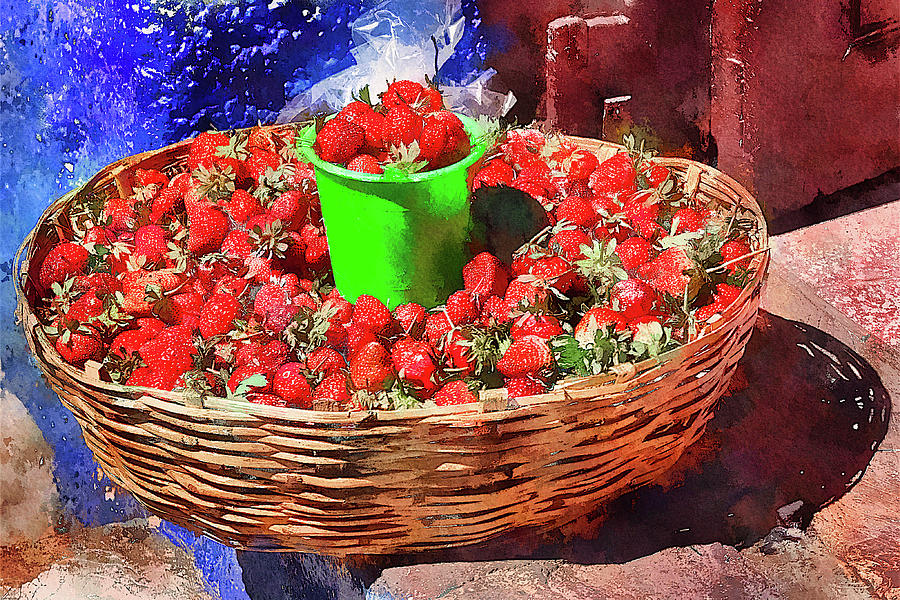 Basket of fresh strawberries, Mexico Mixed Media by Tatiana Travelways