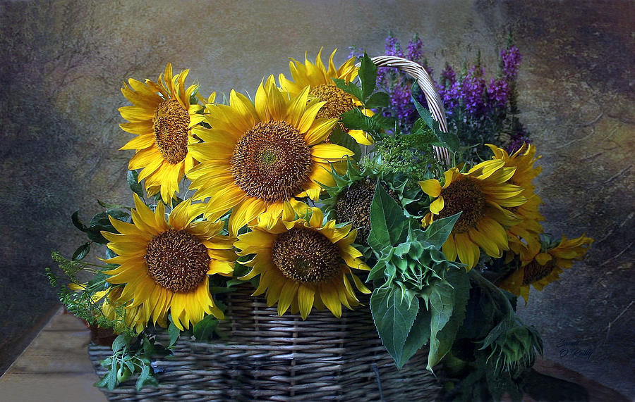 Basket Of Sunflowers With Lavender Mixed Media by Sandi OReilly