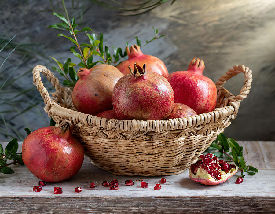 Basket Photograph -  Basket with pomegranates by Manolis Tsantakis