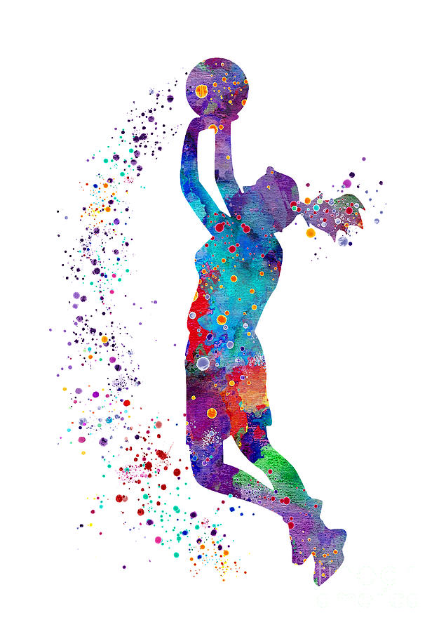 Basketball Girl Art Sports Nursery Art Colorful Blue Purple Watercolor Decor Digital Art by White Lotus