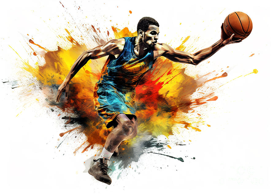 Basketball watercolor splash player in action. Digital Art by Odon Czintos