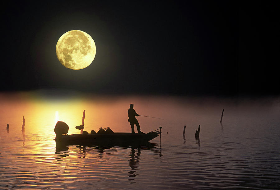 Bass Fisherman Under A Rising Moon Photograph