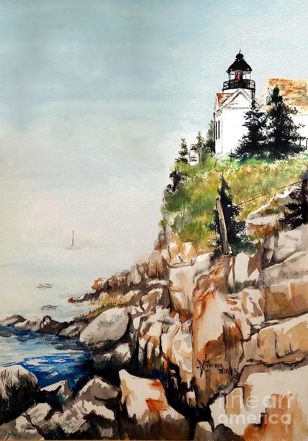 Bass Painting -  Bass Harbor Head Light Station by Merana Cadorette