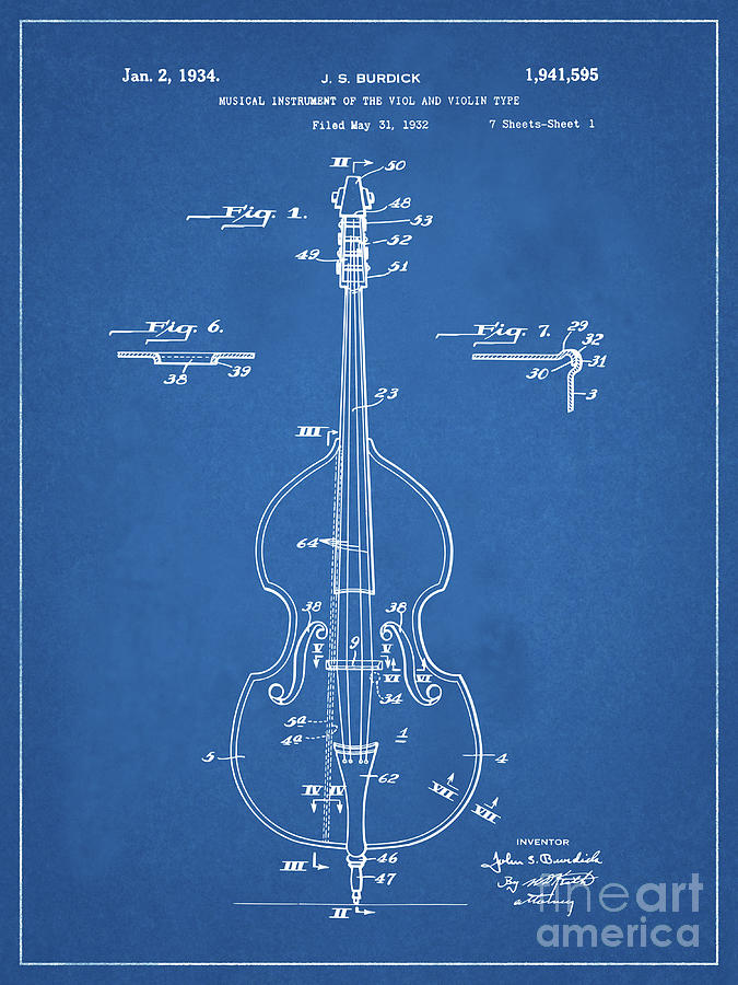 Bass Viol Patent Print 1934 Vintage Musical Instrument Blueprint Art Mixed Media by Kithara Studio