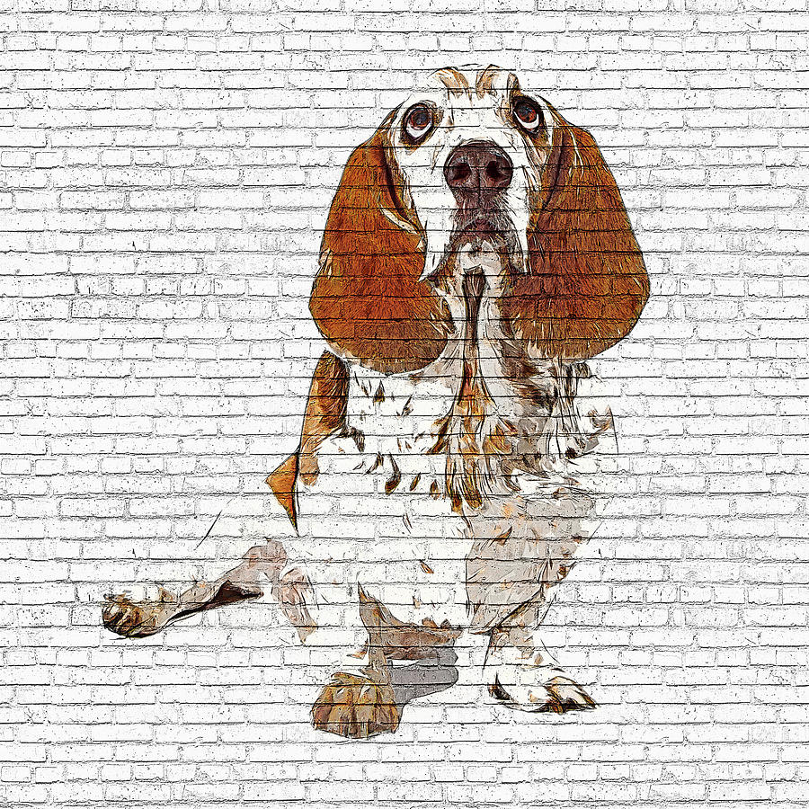 Basset Hound Dog Looking Up - Brick Block Background Painting by Custom Pet Portrait Art Studio