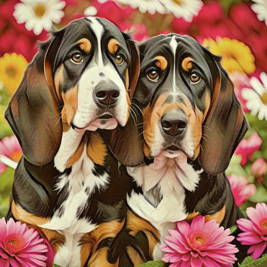 Dog Digital Art - Basset Hounddog Besties by Leslie Reagan