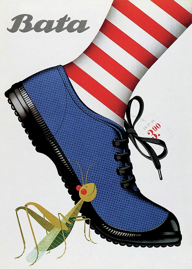 Bata - Blue shoe, striped socks, grasshopper - vintage German fashion advertisement poster Mixed Media by Donald Brun Bata - Blue shoe, striped socks, grasshopper - vintage German fashion advertisement poster Mixed Media by Donald Brun