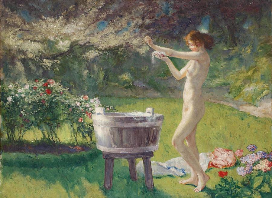 Portrait Drawing - Bath in the garden between  and  by Charles Hermans Belgian